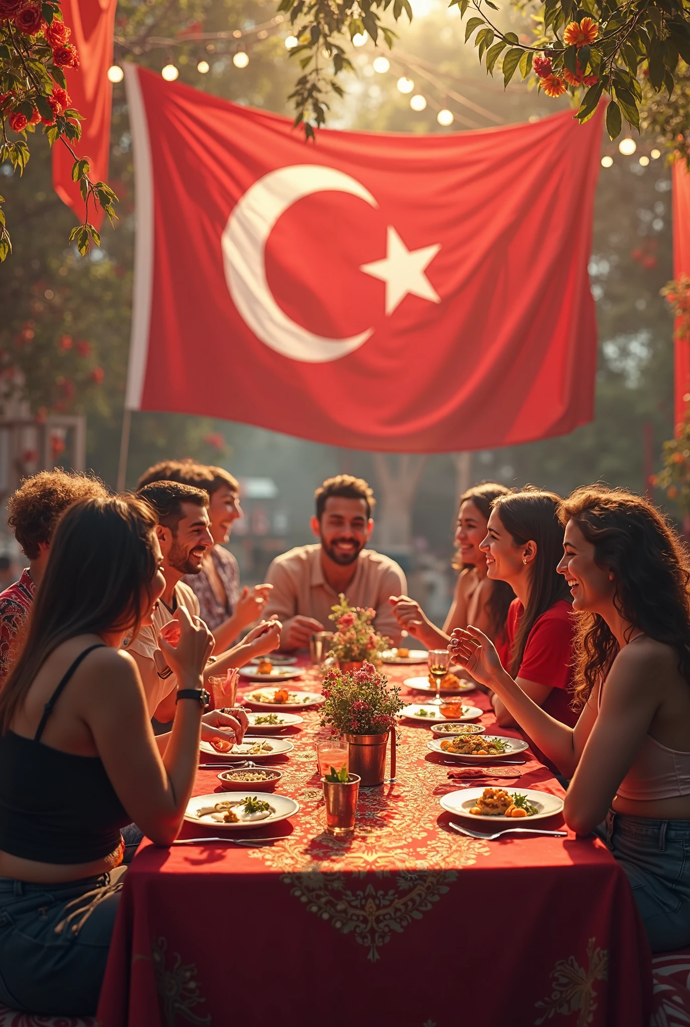 An African, an Asian, a Korean, a Russian, a Spaniard, and an English student are learning Turkish in a Turkish class. There is a Turkish flag and Turkish culture around them. The students are holding a Turkish flag in one hand and Turkish tea in the other. They are happily singing the Turkish national anthem in the classroom. The teacher and all the students' faces should be visible.