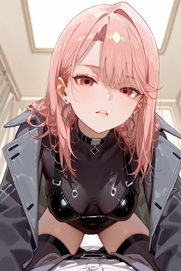 Slender body girl in black glossy tight plug suit, pink short hair, masterpiece, white background, BRAKE (sweat:1.5), (steam:1.2), (masturbation:1.2), (girl trembling with sexual climax:1.1), (looking at viewer:1.3), (open mouth:1.2), (aroused smile:1.2), (Chains that cling to the body: 1.2), (Collar: 1.3), (Bracelet: 1.3)