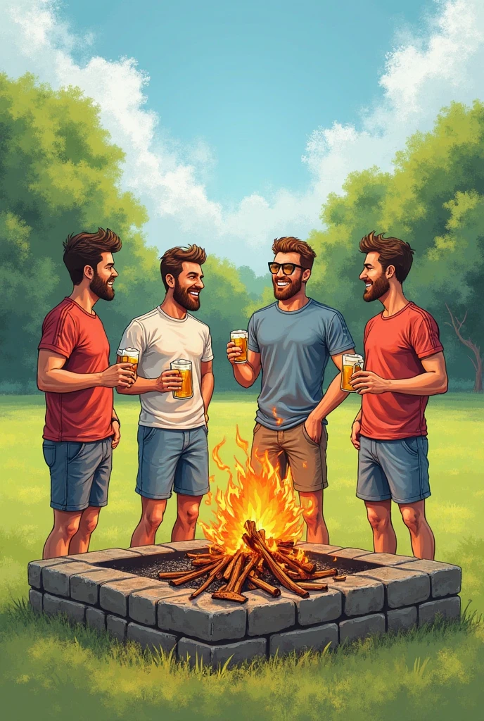 Make a thumbnail of you tube where 4 male friends go in jungle for party 