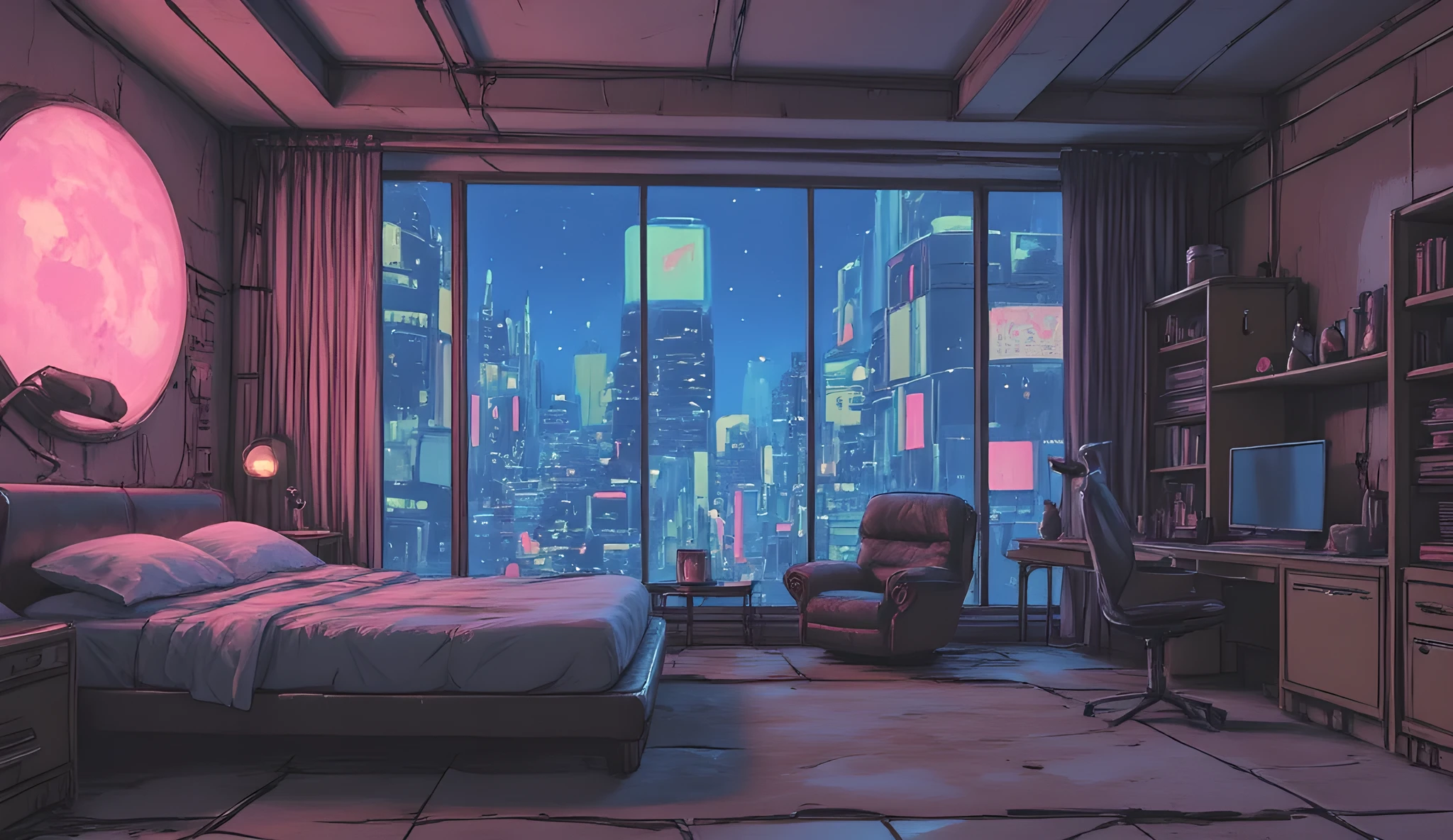 Extremely exquisite detail, ultimate detail, surrealistic detail, precisely rendered skin,
Cyberpunk world, location is a room on the 50th floor of a high-rise building, many buildings can be seen from the large window of the room, the interior of the room is all retro 1980s, cyberpunk city in 2300 AD, the night sky is full of stars,