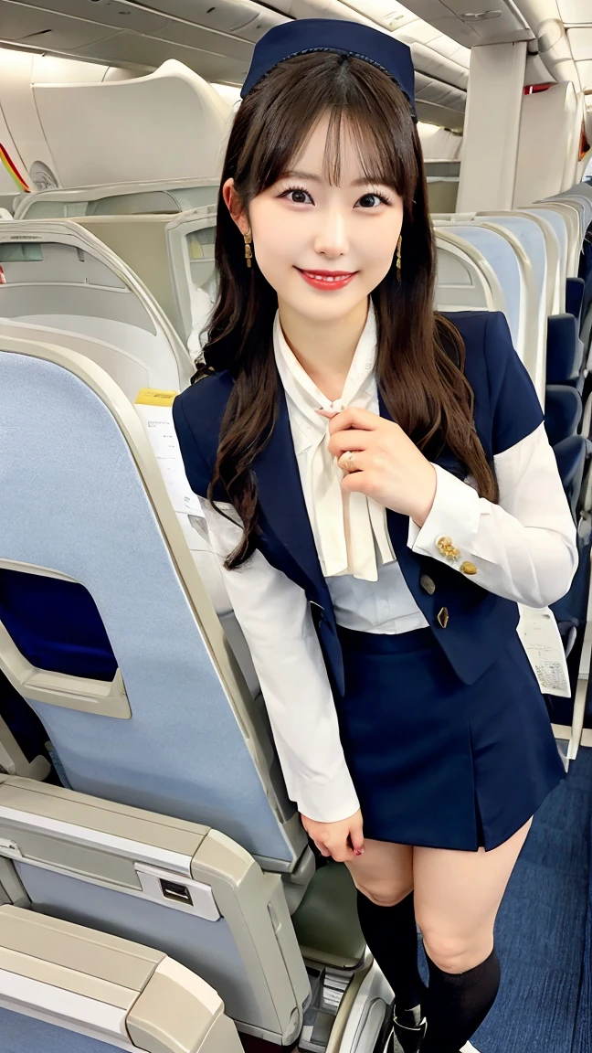 (Detailed skin:1.2),(Shiny skin:1.1),8k,Highest quality, masterpiece, Ultra-high resolution,(Realistic:1.4), RAW Photos,(Soft saturation:1),(Fair skin:1.2),(Succubus:1.2),Half-Japanese beauty,23 years old, (Light brown hair),(Long Hair:1.3)), (Pretty face:1.4), (Large Breasts, Tight waist,Big firm hips:1.2), ((Beautiful lighting:1.3)), ((Flight attendant uniform:1.2)),(Highly detailed face, Highly detailed lips, fine grain, double eyelid,Highly detailed and evenly balanced eyes), (Sharp focus:1.2), ((Full Body Shot)),(Perfect Anatomy:1.3),(Beautiful woman with perfect figure: 1.2)、((Random sexy poses:1.2))、Sharp Eyes,smile,(Inside the jet)