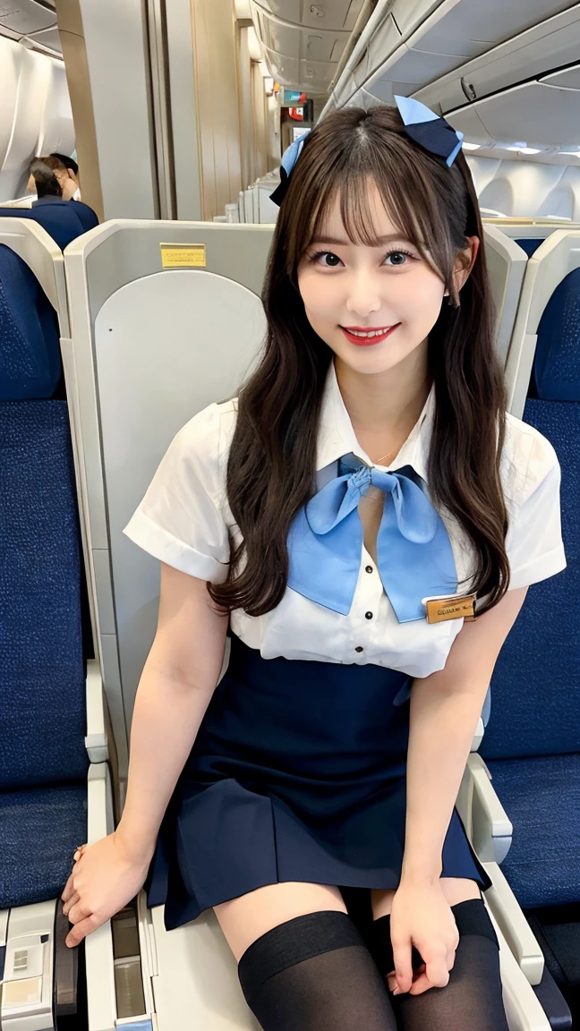  (8K, best quality, masterpiece:1.2), (realistic, photo-realistic:1.37), (high color saturation:1.0),  (highly detailed skin), (highest quality:1.0), (ultra high resolution:1.0) ,(realistic:1.0), (Super detailed:1.0), (8K, Raw photo:1.1)、standing random pose, smiling, natural breast, perfect lighting, 22years old, (mysterious), clear and detailed, ((ANA_Cabin Crew, blue flight attendant_uniform)), black pantyhose, (aircraft, aircraft seats), cute face, sitting, (I can see the white_panties from skirt), nsfw,