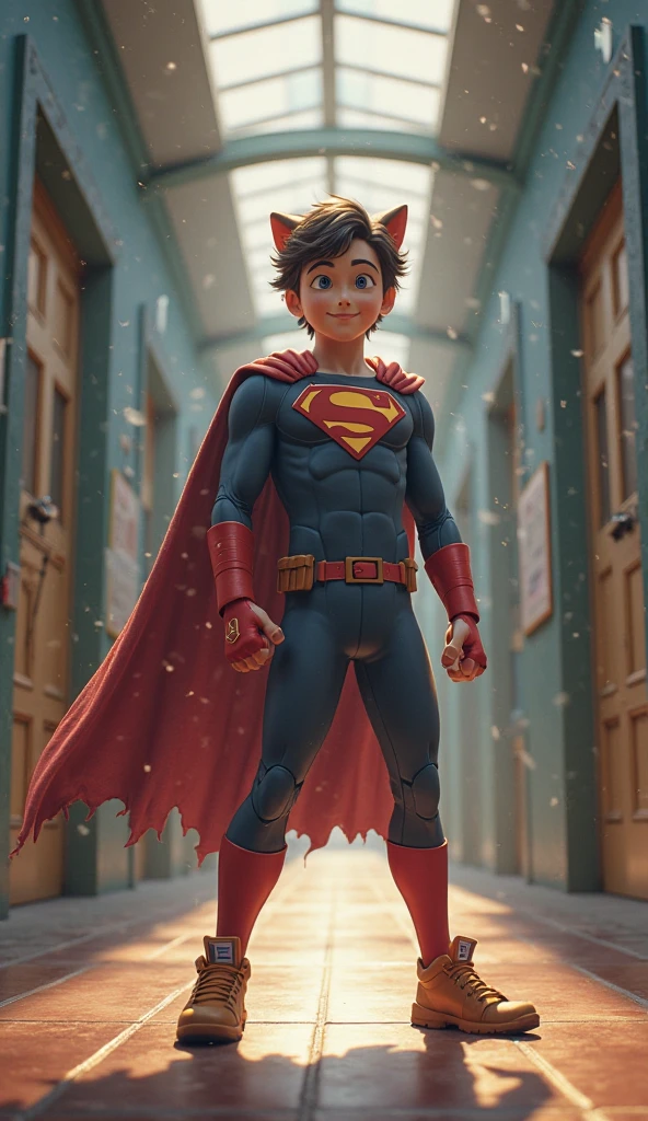 best quality,masterpiece,1boy,solo,(((15years old))),japanese boy,an extremely cute and handsome boy,highly detailed beautiful face and eyes,petit,cute face,lovely face,baby face,shy smile,show teeth, Black hair,Short hair,flat chest,skinny,slender,(((wearing a DC Superman superhero costume,red cape))),(((standing in reelunsettling dark indoors room))),he is looking at the viewer, StopMotion