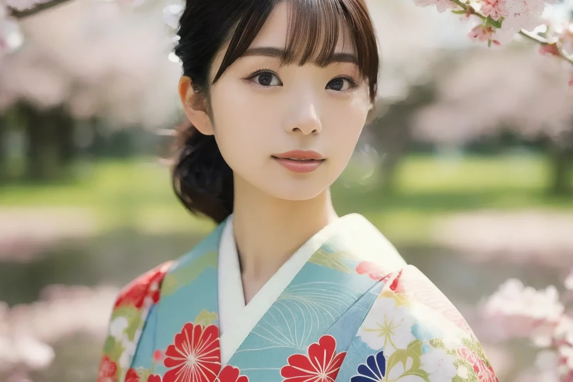 masterpiece, photorealistic, 8k, ultra-detailed, DSLR, RAW, portrait of a beautiful Japanese woman, wearing a traditional kimono with intricate cherry blossom patterns, standing under blooming sakura trees, soft sunlight filtering through petals, serene expression, delicate makeup, wind gently blowing her hair, bokeh background, spring atmosphere, by Kotajiro001, yayoi_mix model