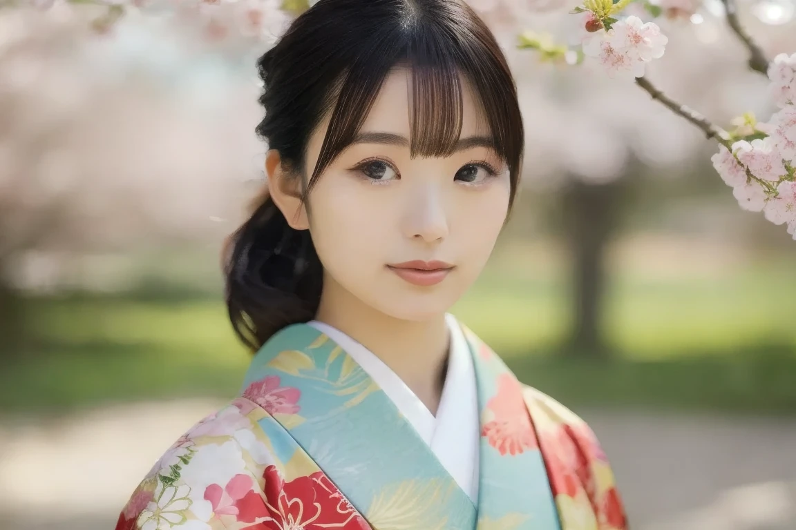 masterpiece, photorealistic, 8k, ultra-detailed, DSLR, RAW, portrait of a beautiful Japanese woman, wearing a traditional kimono with intricate cherry blossom patterns, standing under blooming sakura trees, soft sunlight filtering through petals, serene expression, delicate makeup, wind gently blowing her hair, bokeh background, spring atmosphere, by Kotajiro001, yayoi_mix model