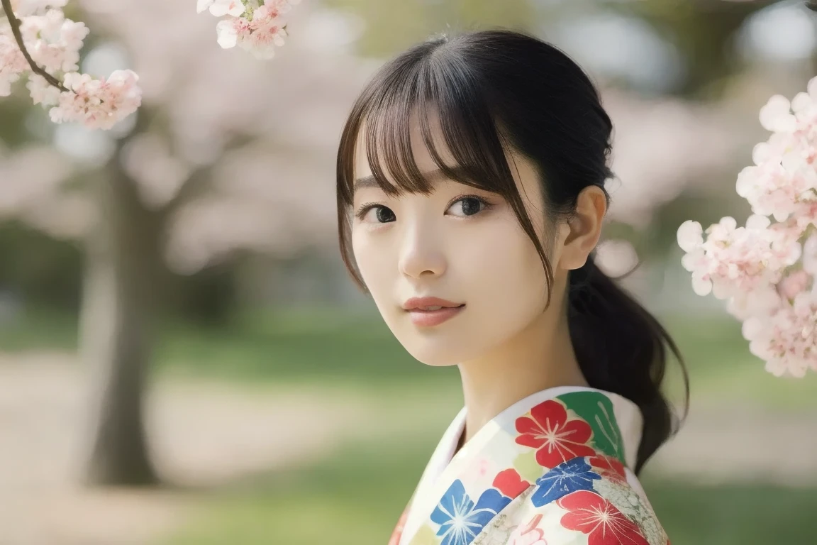 masterpiece, photorealistic, 8k, ultra-detailed, DSLR, RAW, portrait of a beautiful Japanese woman, wearing a traditional kimono with intricate cherry blossom patterns, standing under blooming sakura trees, soft sunlight filtering through petals, serene expression, delicate makeup, wind gently blowing her hair, bokeh background, spring atmosphere, by Kotajiro001, yayoi_mix model