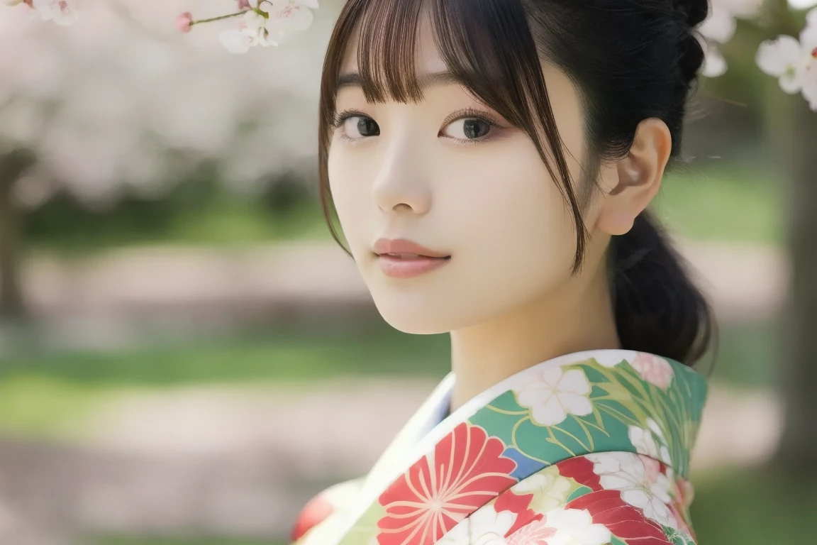 masterpiece, photorealistic, 8k, ultra-detailed, DSLR, RAW, portrait of a beautiful Japanese woman, wearing a traditional kimono with intricate cherry blossom patterns, standing under blooming sakura trees, soft sunlight filtering through petals, serene expression, delicate makeup, wind gently blowing her hair, bokeh background, spring atmosphere, by Kotajiro001, yayoi_mix model