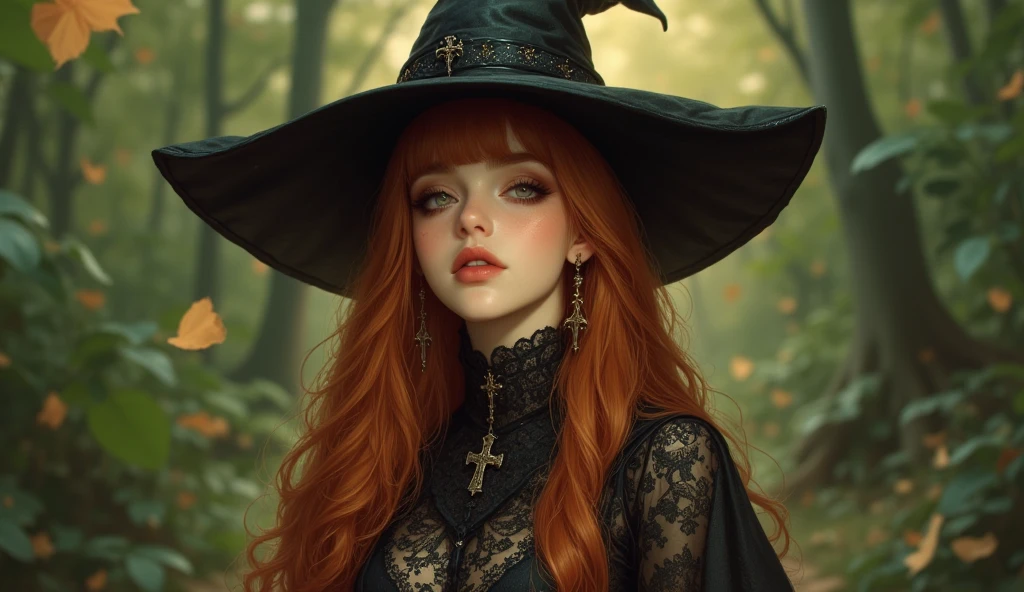 A 25-year-old realistic witch woman with curly red hair and a slight smile stands in a magical, enchanted garden under soft natural light