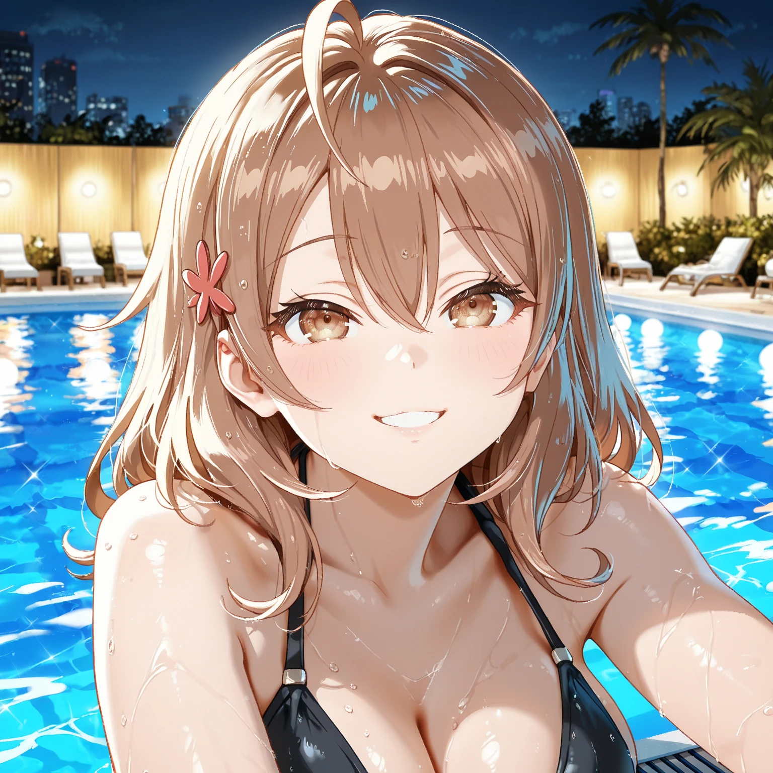 ((Tabletop, Highest quality, High resolution, Hmph, Pixel perfect, Written boundary depth, 4K, Hmph, Hmph))), 1 girl, single, alone, Beautiful Anime, Beautiful art style, Anime characters, ((Curl hair outward, bangs, Brown Hair)), ((Green Eyes:1.4, Round eyes, Beautiful eyelashes, Realistic eyes)), ((Detailed face, blush:1.2)), ((Smooth texture:0.75, Realistic texture:0.65, Realistic:1.1, Anime CG style)),  Dynamic Angle, ((Black shiny patterned micro bikini, Fashionable, 1 diamond necklace)), smile,  Hotel swimming pool ,evening
