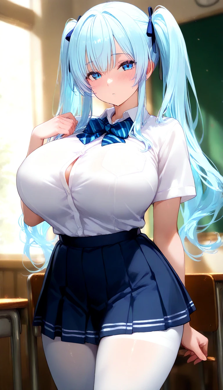 (masterpiece, Highest quality:1.2), (Shiny skin:1.6), Upper Body, Detailed cloth texture, Detailed hair texture, One girl, alone, 17 year old girl sexy pose, Long eyelashes, Lips parted, shining pink lips, Light blue eyes, White teeth,(The body is slim:1.1), (Beautiful light blue hair:1.2), (Huge breasts:1.3), Floating Hair, (bangs), (White Sailor Shirt, stockings, belt, Pleated mini skirt), (Cleavage), (necklace, Earrings), smile, Blushing, View your viewers, (Cowboy Shot:1.5), School classroom,Place your hands behind your back,arms behind back, glamorous pose,Medium Hair