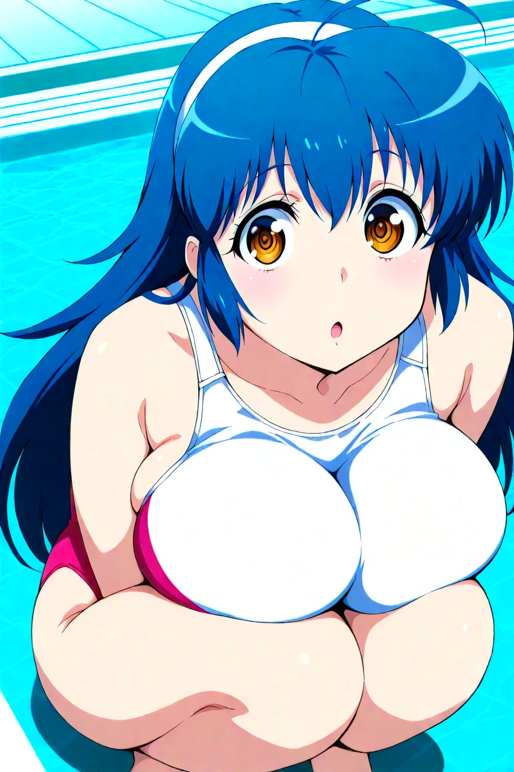(breasts forcus:1.2),(Blue Bikini:1.4),NSFW,(Blue hair,Orange Eyes,Twin tail,Huge breasts,tusk,azulejo_(gravity),two side up),(huge-breasted:1.1),(Beach:1.2),(white frills),Dazzling smile,Opening Mouth,(with blush cheeks),Pool at night,5 Finger rest extension:1.3)