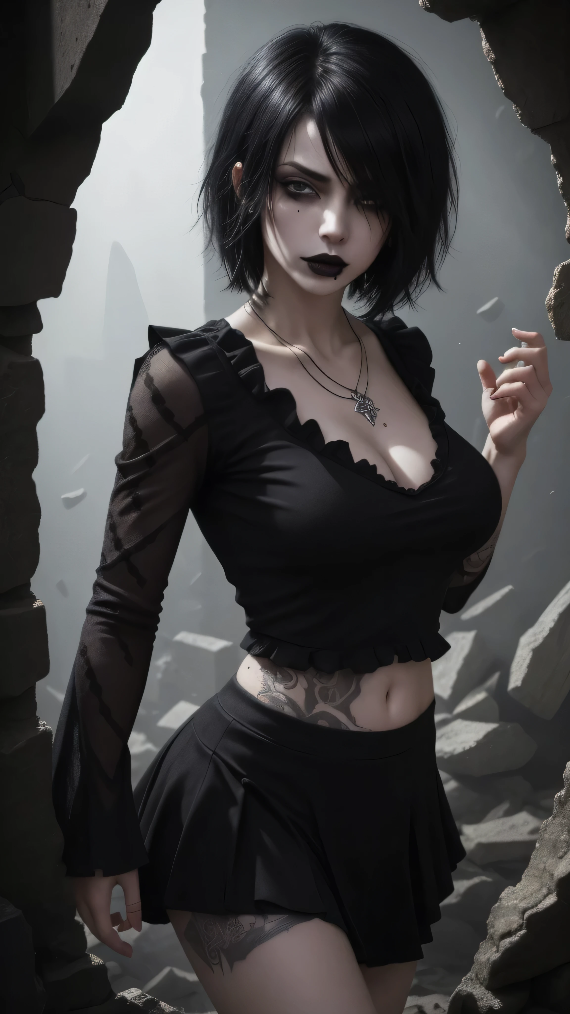 1gurk, emo, black hair, short emo_hairstyle, big breasts, solid black t shirt, mesh sleeves, necklace, black lipstick, black lips, street, purple ruffle skirt, tattoos, pale skin