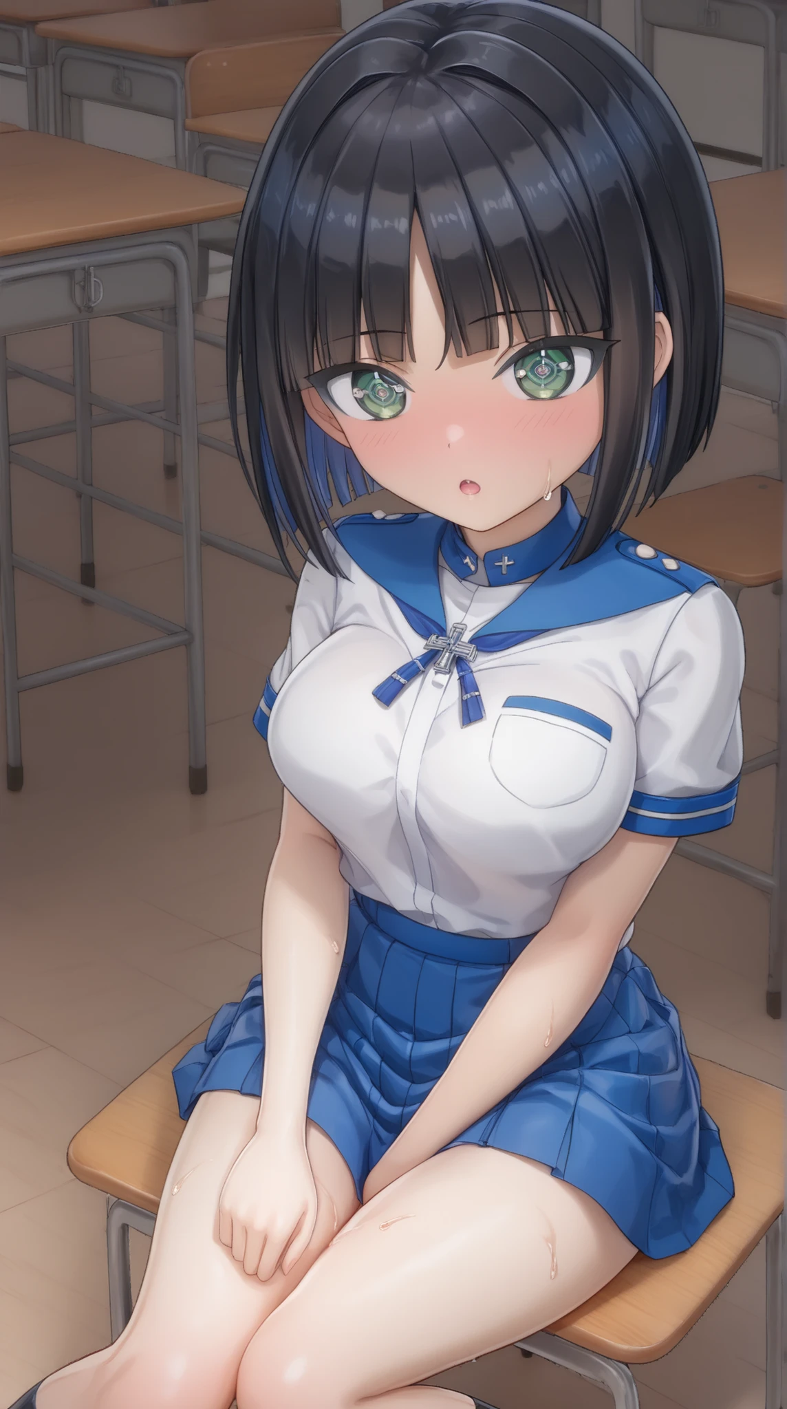 ((PVC:1.5))、masterpiece、Highest Quality、(Beautiful student uniform :1.8)、rough breathing、a lot of sweat、beautiful hair、detailed beautiful face、Beautiful Shadows、and open your mouth、(1 girl)、blushes、( Beautiful Fair Skin:1.lender waist 、cute face、big eyes、open your legs、moist eyes、INES 、( cross-shaped pupils )、black hair、short hair、bob cut、dull bangs、color inner hair、split bangs、MWord Opening、(sitting on a chair in the classroom)