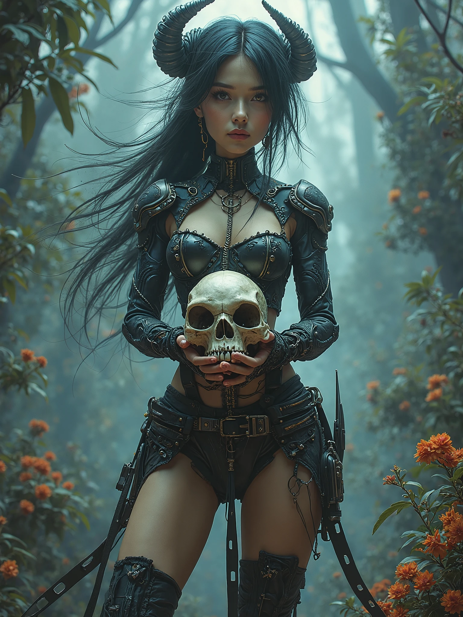 pirate woman holding a skull head in her hands, sexy sensual