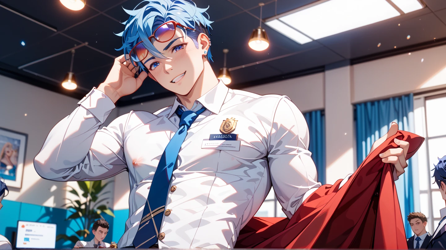 De pie sin camisa en lo alto de la escuela, Looking if the tanned skin of the back shirt is 14 years male copper skin to a nearby city is on the roof of the school has 14 years blue hair blue eyes male gender, el director del colegio lo mira desde lejos