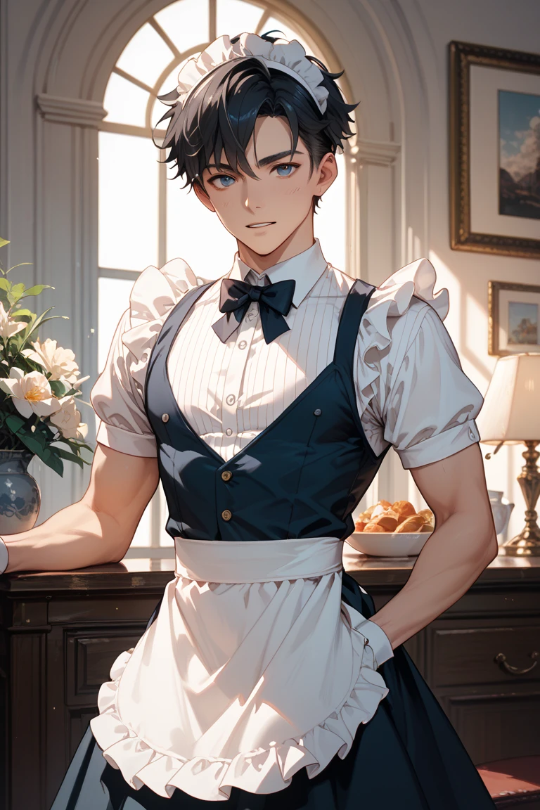 A man, shirtless, dressed as a maid, inside a room, male body, black hair, blue eyes