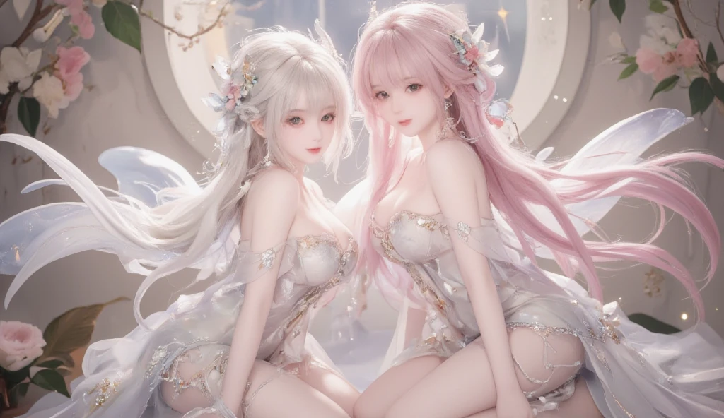 ariel, upper body portrait, two girls hugged,Kissing on the mouth, white hair, beautiful, cute arabian transparent Langerie, warrior,Asas de anjo, Flutuando no ar,usando joias em ouro em todo corpo, Coroa de Princesa na cabeça, midriff, fit, white hair, desert background, realistic fantasy ,concept art, sexy, excited, gorgeous face,fully body, breasts small, smooth skin, Medium pink mouth, Linda, naturals .Transparent silk on clothes, 80% of the uncovered body,Cheeky smile.,Well-defined lips.