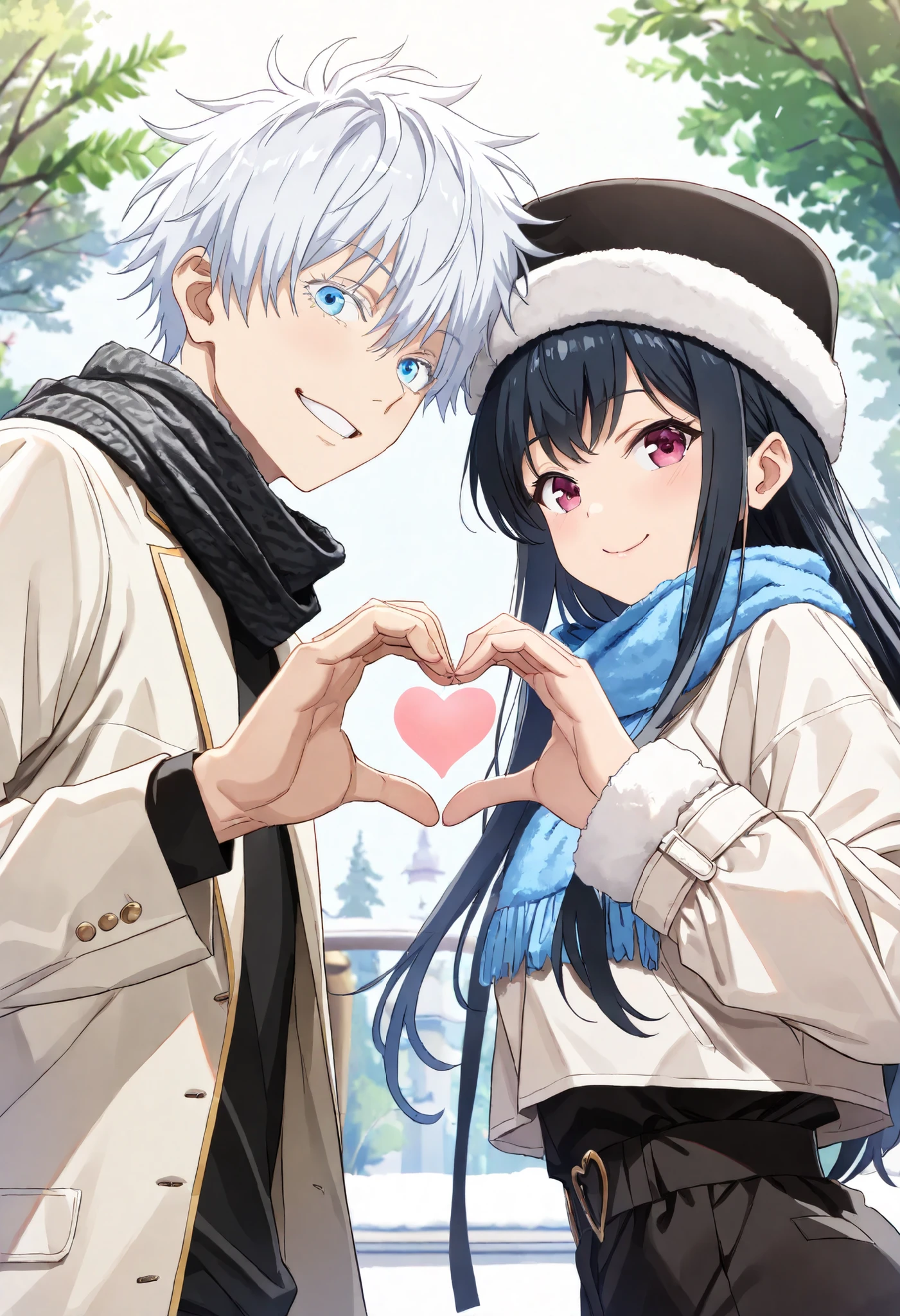 absurdres, highres, ultra detailed, HDR, master piece, Gojou Satoru, A couple, wearing winter hats, scarves, and winter gloves, dressed in white jackets, making the love hand gesture, forming a heart with their hands, smiling sweetly, on a sunny day in the park., (((high resolution))), (((gojo Satoru))), tall, blue eyes, black clothes, white hair, handsome man, Girlfriend, girl, black long hair, pink eyes, sexy, female, detailed hands, detailed clothing, beautiful eyes