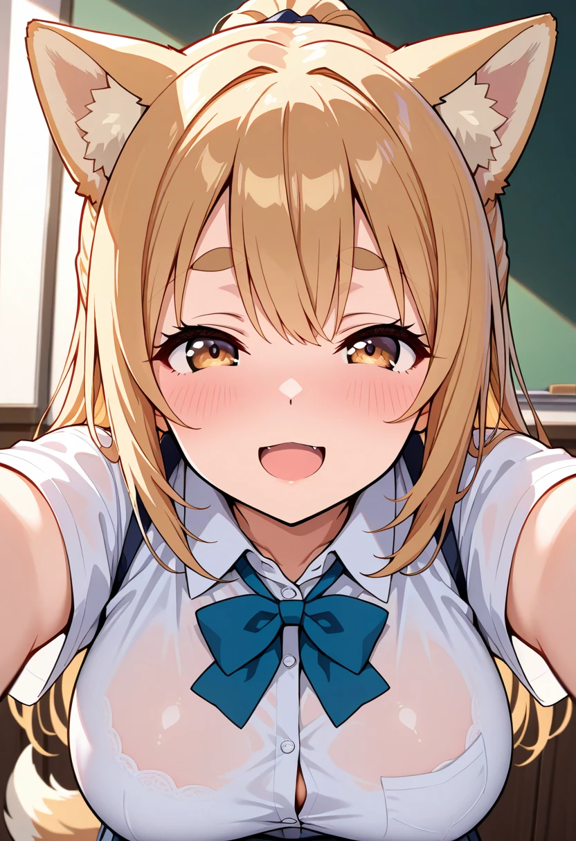 ((masterpiece, best quality)), high resolution,ultra detailed, detailed background, perfect lighting,detailed beautiful eyes,perfect pussy,clitoris,1girl,nsfw,embarrassed,blush,look at viewer,(steam,sweat:1),show off pussy,show off breast,aroused,open mouth,wavy mouth,face focus,(from above:1.2), (pov:1.3),(front view:1.2),fisheye lens,1boy,1penis,(vaginal,sex,penis in vagina:1.3),confused, boy on top,face to face,hetero,open arms for viewer,spread legs,in heat,fair skin,(small_breast,short body,10years old,slender,kawaii),classroom,(mayano_topgun,orange horse ear,orange long hair,two side up,brown eyes,kawaii,orange tail,black ribbon)