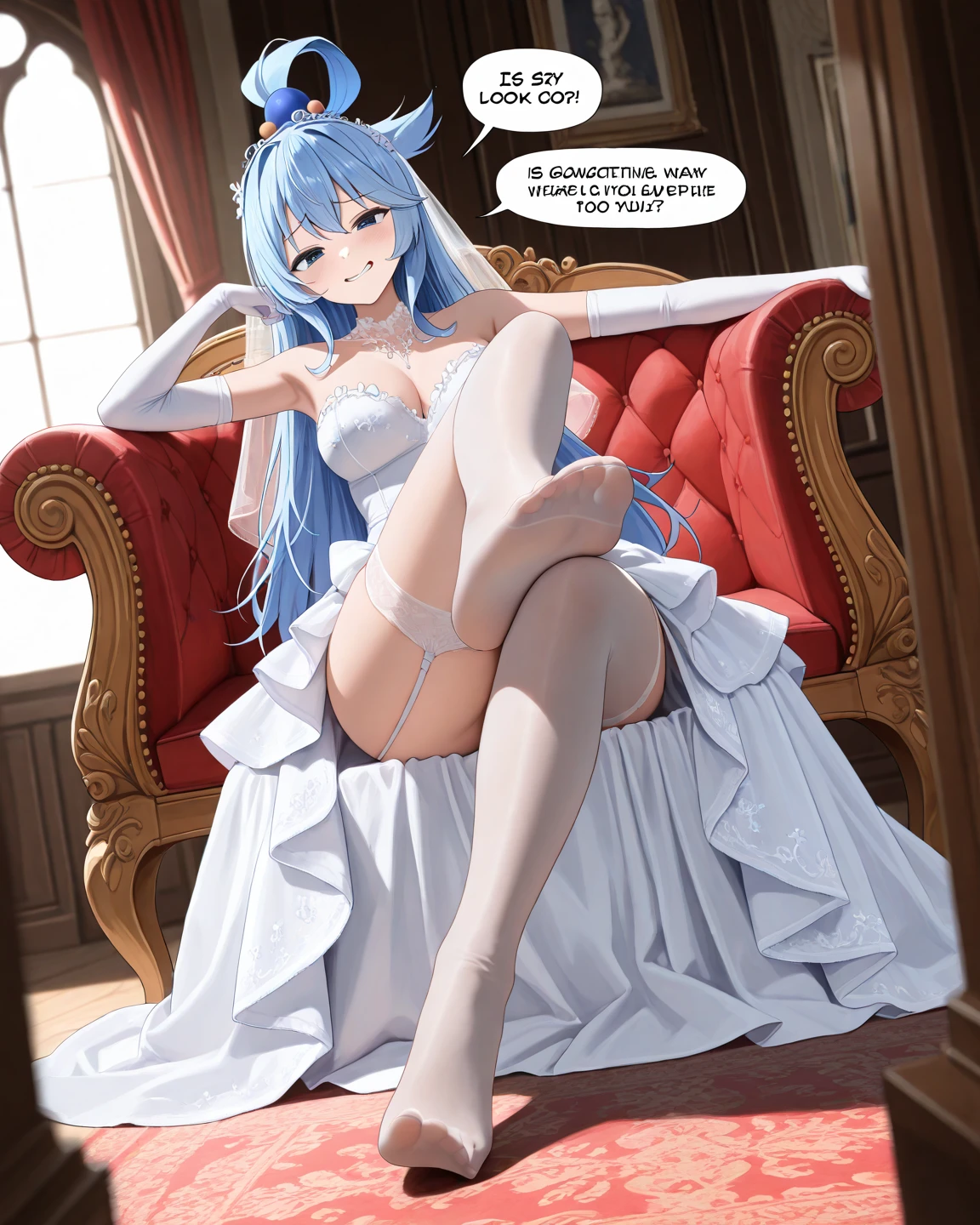 1girl, aaichika, tiara, bridal veil, necklace, cleavage, wedding dress, strapless dress, white dress, white gloves, elbow gloves, from below, skirt lift, white panties, bare legs,, masterpiece, best quality, highly detailed, beatrix amerhauser, long blue hair, blue eyes, gloves, ponytail,