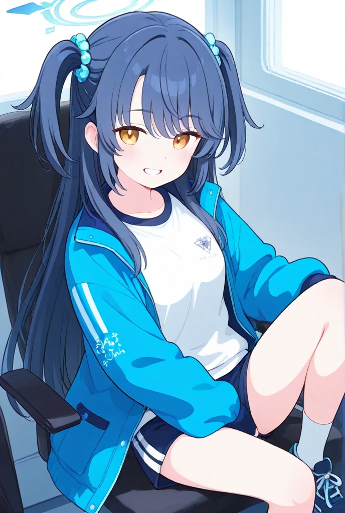 Gym suit、white shirt、(Navy blue shorts:1.2)、long black hair、flat chest、(、12 year old girl:1.4)、