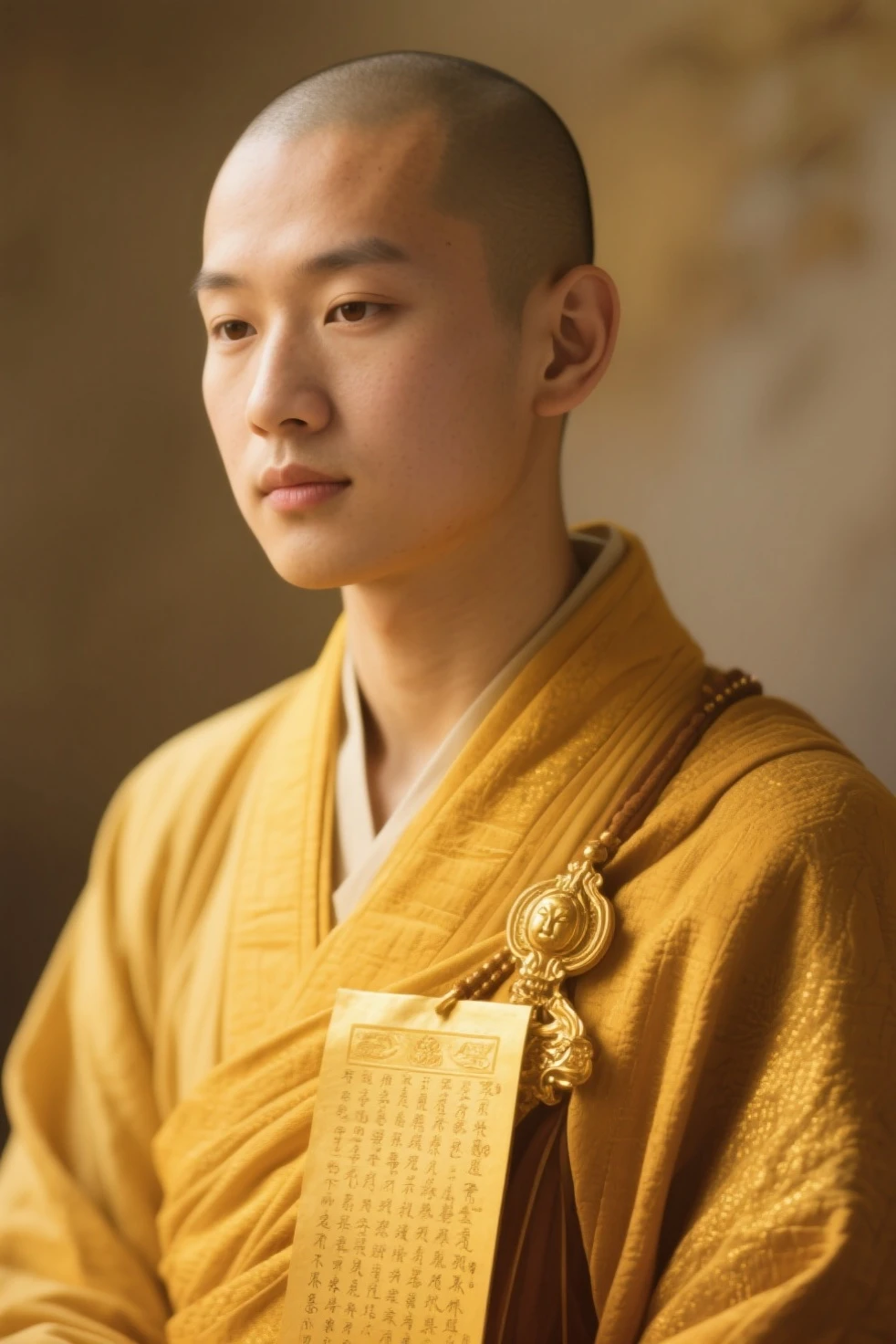 ,巨作, Best quality,8K, ultra-high-resolution,A guy,White Sleeve, bald head, Robe,tear moles,Cool sensation,Serenity,naive,stately。robust,with big eyes,Openwork pattern,embroidery,耳Nipple Ring,Deluxe room,enchanted,Buddha,