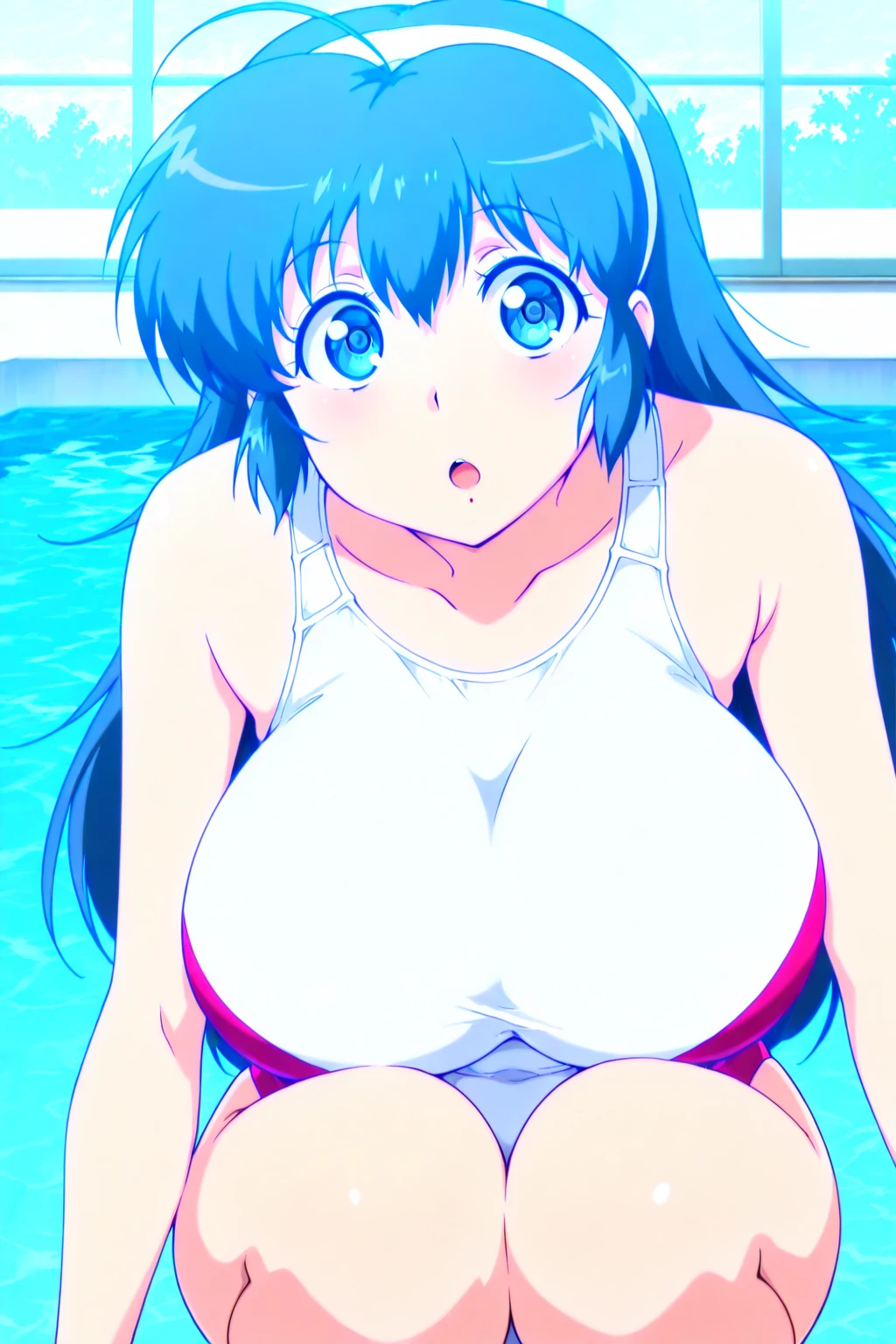((masterpiece, best quality, high resolution, UHD, pixel perfect, depth of field, 8k, RTX, HDR))cowboy shot, one girl style anime, BREAK, 1 girl, Glossy skin, sharp, Beauty of perfect body, realistic shadow perfect body, ("metalic blue School swimsuits, Navy, transparent ":1.2), medium breasts, long hair, blue hair with black hair roots, green eyes, well defined eyes, high definition eyes, eyelashes and black shadow under the eyes, blushing, high gloss eyes, shiny skin, sharp, Perfect Body Beauty, BREAK, looking at the viewer, sit on the pool, body wet and dripping water, sexy posture, legs, round ass, in a school pool.