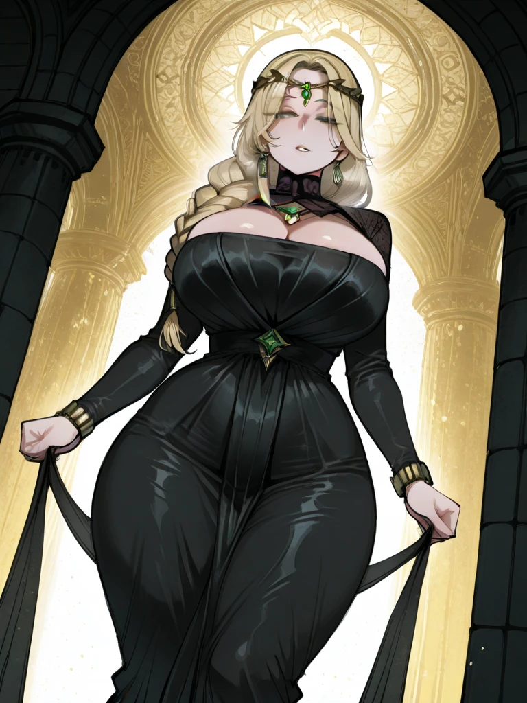 ((masterpiece,best quality,8k,highres)),((character concept art)), 1 female, middle-age woman, a Queen, 220 cm height, straight hair, ponytail, (hunter green hair colour), ultra finely detailed eyes (yelloq eyes colour), extraordinary charming, gorgeous, (gentle smile), ((petite breasts, small breasts, flat breasts)), athlete body build ((muscular)), ((intricate detail)), super finely detailed hands, ultra finely detailed fingers(((ten fingers))), stylish Nun outfit (black colour outfit), earrings, necklace, bracelet, (standing still), (full body showcase), (show full body), (no logos on background), (no logo), ((plain background)), ((plain background)), (((empty background)))