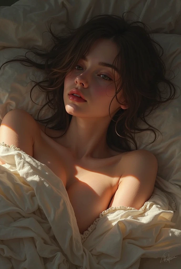 A topless sleeping girl after orgy, flat chest, lying in ner bed, sperm on her flat tits, cum on tummy, very enjoyable, 60s style, looks depressing, high quality, ultra-detailed, crazy orgy details, 4K