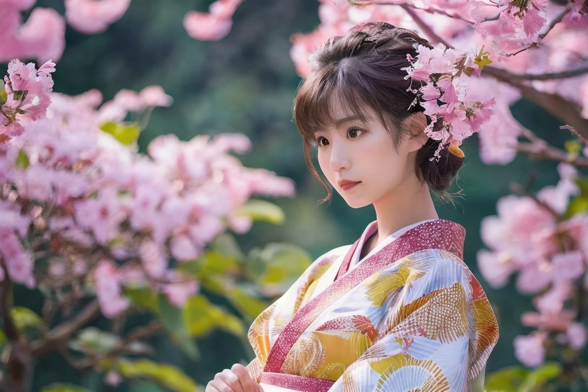 masterpiece, photorealistic, 8k, ultra-detailed, DSLR, RAW, portrait of a beautiful Japanese woman, wearing a traditional kimono with intricate cherry blossom patterns, standing under blooming sakura trees, soft sunlight filtering through petals, serene expression, delicate makeup, wind gently blowing her hair, bokeh background, spring atmosphere, by Kotajiro001, yayoi_mix model
