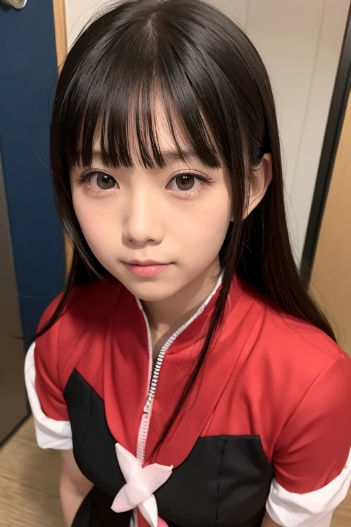 (Beautiful girl small breasts)、flat chest,Japanese、６age、Immature girl、beautiful girl、Wearing a jacket, Long Hair, Cyberpunk Red Green Background、(((Upper body naked))),smile,Young Face,、Round face,Big eyes, Round eyes、No makeup