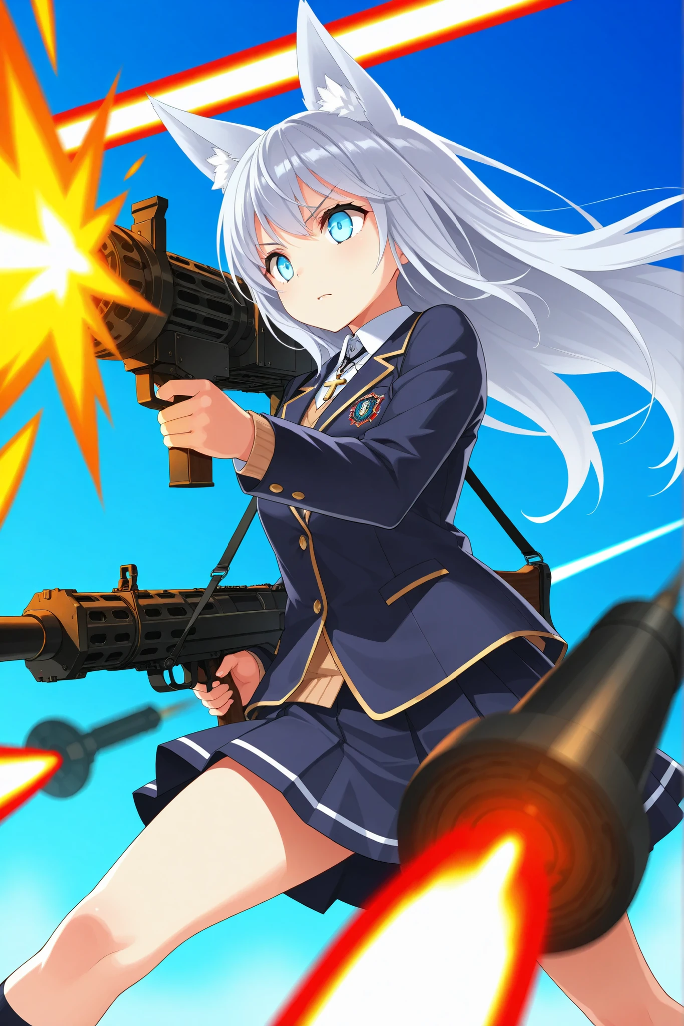 ultra-detailed,8K,illustration,CG,1 cute girl, silver hair, light blue eyes , fox ears ,,cross pendant
,(:1.3Red Streak Hair),Red Streak Hair,school uniform, jacket/blazer, machine gun,firing ,glowing weapon
