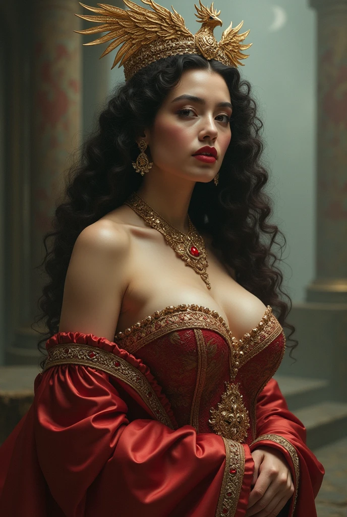 ((masterpiece, photorealistic:1.4, extremely intricate:1.3, photon mapping, radiosity, physically based rendering, ultra resolution, hyper-realistic, photorealistic:1.4, hyper-realistic, 8K)), ((solo athletic teenage supermodel, (satisfied, serious, aloof, [large breasts:huge breasts:0.5], (((topless)) fantasy black red brocade low cut elegant dress, plunging neckline, off shoulder revealing deep cleavage, humid, glisten, ((queen))), emerald necklace, Makeup:1.0, red lips, straight hair [blonde hair:dark hair:0.5], [skin detail:freckles:0.7]))), fujicolor, she is standing at the top of ((stone stairs)) in a medieval church with chrome windows
