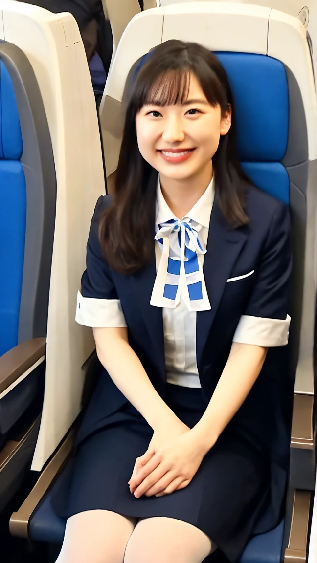 (8K, best quality, masterpiece:1.2), (realistic, photo-realistic:1.37), (high color saturation:1.0), (highly detailed skin), (highest quality:1.0), (ultra high resolution:1.0) ,(realistic:1.0), (Super detailed:1.0), (8K, Raw photo:1.1)、standing random pose, smiling, natural breast, perfect lighting, 3girls, 24years old, (mysterious), clear and detailed, ((ANA_Cabin Crew, blue flight attendant_uniform)), beige pantyhose, (aircraft, aircraft seats), cute face, squat and pick up pen,