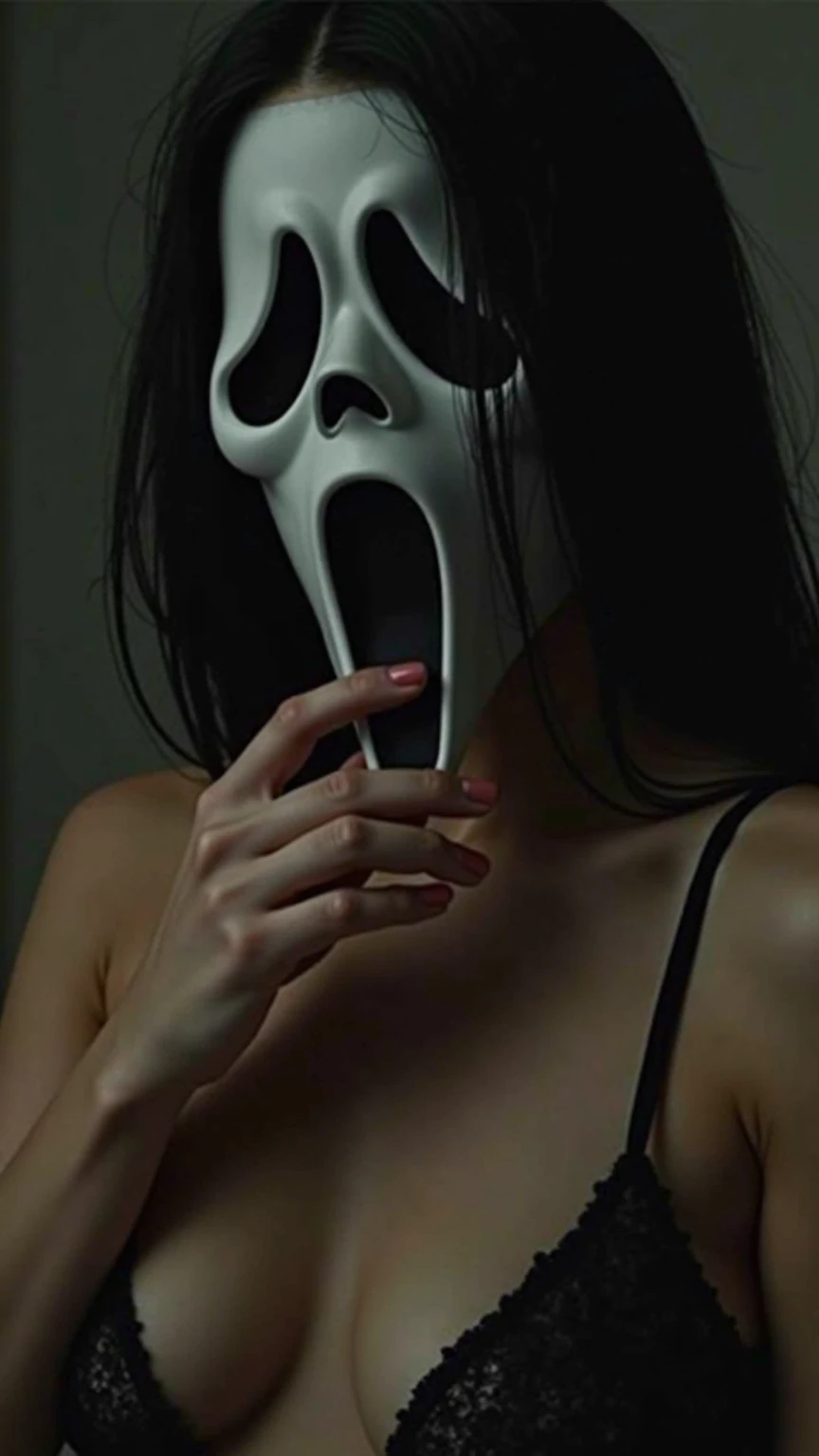 Arafed woman wearing a black dress with a white mask and a black hood., scary look, tumblr, horror vibes, scary pose, horror aesthetic, scary mood, shout out, 🔞🤡, másghost face, Scary style, Scaring, ghost face, scary face, creepy atmosphere, scary ghost, haunted expression, Scarry, tormented and sad expression