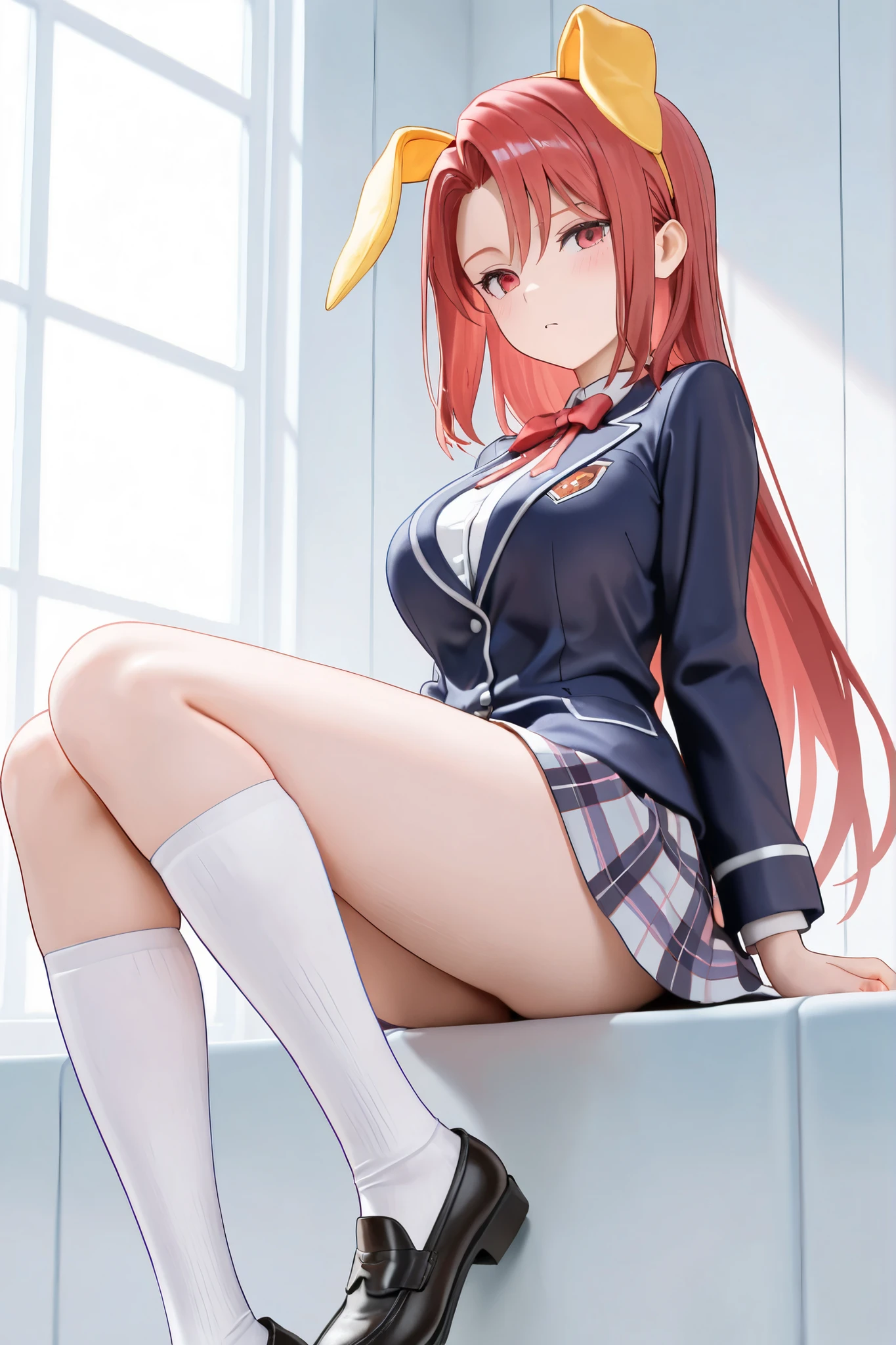 masutepiece, Best Quality, hight resolution, Canadais, Long hair, One side up, Hair Ribbon, Hair Ornament, Ahoge, Red Eyes, Neck ribbon, Red Ribbon, brown robes, White jacket, Open your clothes, Long sleeves, Thigh strap, black thighhighs, Standing, Cowboy Shot, Street,stick out buttocks,blushed face,Big buttocks