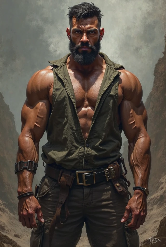 An illustrated movie poster, hand-drawn, full color, a golden-skinned giant man, wearing torn trousers, gold skin, massive physique, golden-brown eyes, wide bulbous nose, black hair, curly hair, dark beard, thick bushy eyebrows, extremely hairy chest, stomach, and arms, lots of body hair, posing amongst rubble, hard shadows, graphite shading, stencil markings, airbrushed acrylic paint, masterpiece, in the style of Marvel Comics