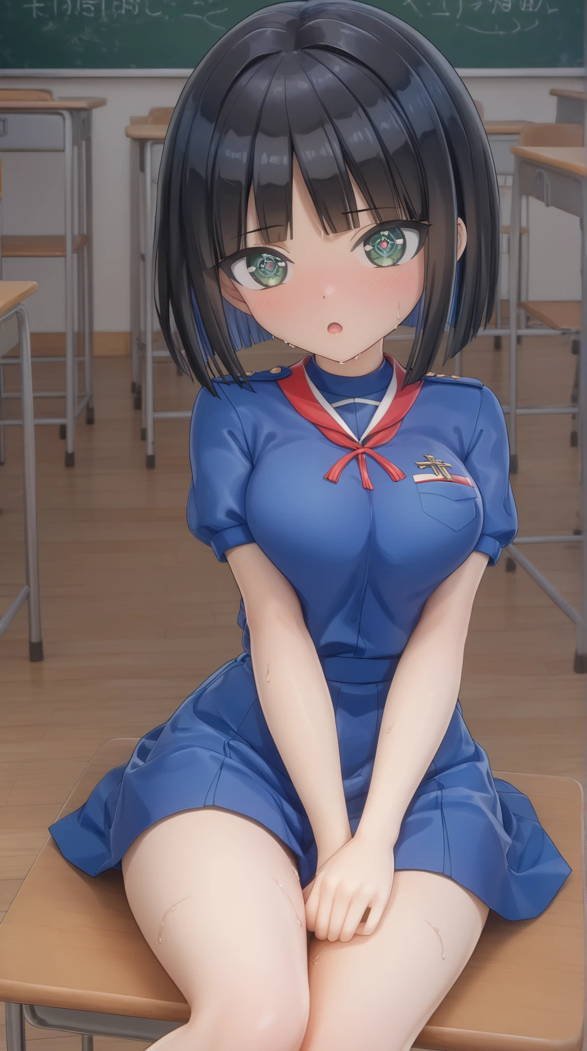 ((PVC:1.5))、masterpiece、Highest Quality、(Beautiful student uniform :1.8)、rough breathing、a lot of sweat、beautiful hair、detailed beautiful face、Beautiful Shadows、and open your mouth、(1 girl)、blushes、( Beautiful Fair Skin:1.lender waist 、cute face、big eyes、open your legs、moist eyes、INES 、( cross-shaped pupils )、black hair、short hair、bob cut、dull bangs、color inner hair、split bangs、MWord Opening、(sitting on a chair in the classroom)