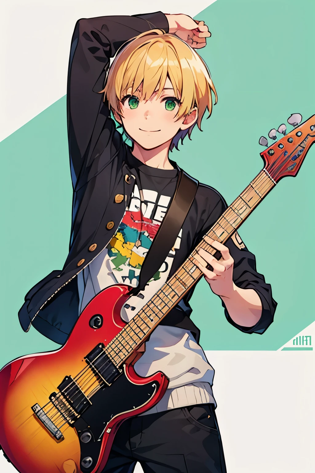 High Quality anatomically accurate boy cute blonde hair green eyes short hair smile play guitar idol One person Black clothes with lots of patches on them