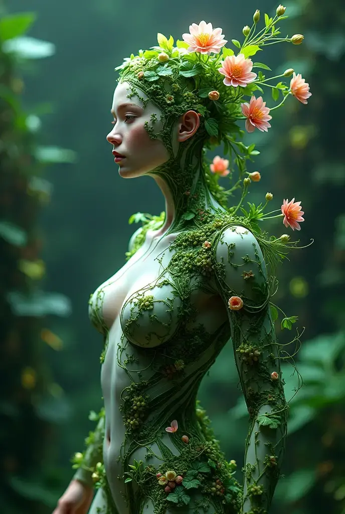 (best quality,4k,8k,highres,masterpiece:1.2),ultra-detailed, beautiful seductive Dryad in a suburban backyard garden, AubreyPlaza, tree woman, plant woman, plant flesh, green dryad, green skin, hair made of pink flowers, glowing green eyes, sensual smile, seductive pose, erotic pose, seethru, HDR, 8k, absurdres, cinestill 800, sharp focus, add_detail:2, (solo, woman)