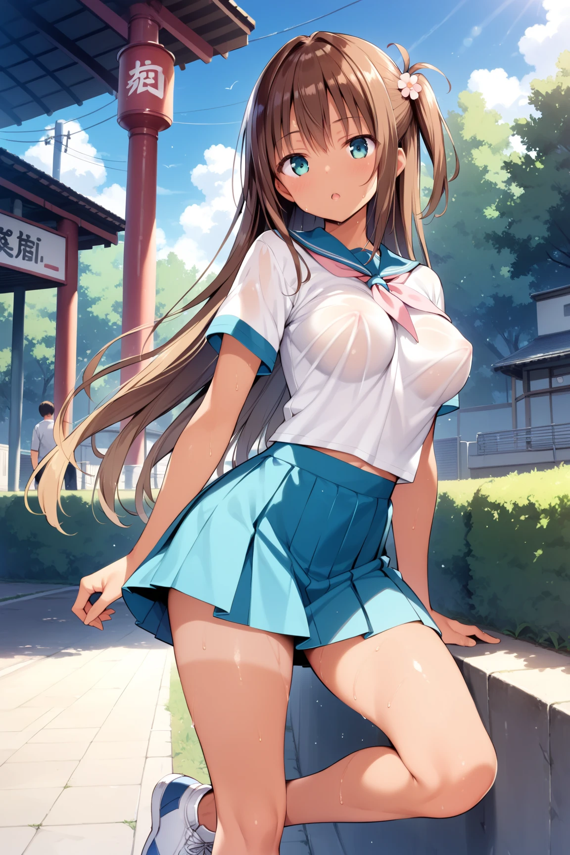 best quality,1girl,((big breasts:1.5)),((((,10 yttle girl:1.3)rgasm,ahegao,blush,blue eyes,black hair,long hair,((two side up:1.1)),((miko,red hakama,mini skirt,thighhighs:1.1)),lift skirt,upskirt,white panties,lace panties,((fighting stance,standing on one leg)),shrine,shrine