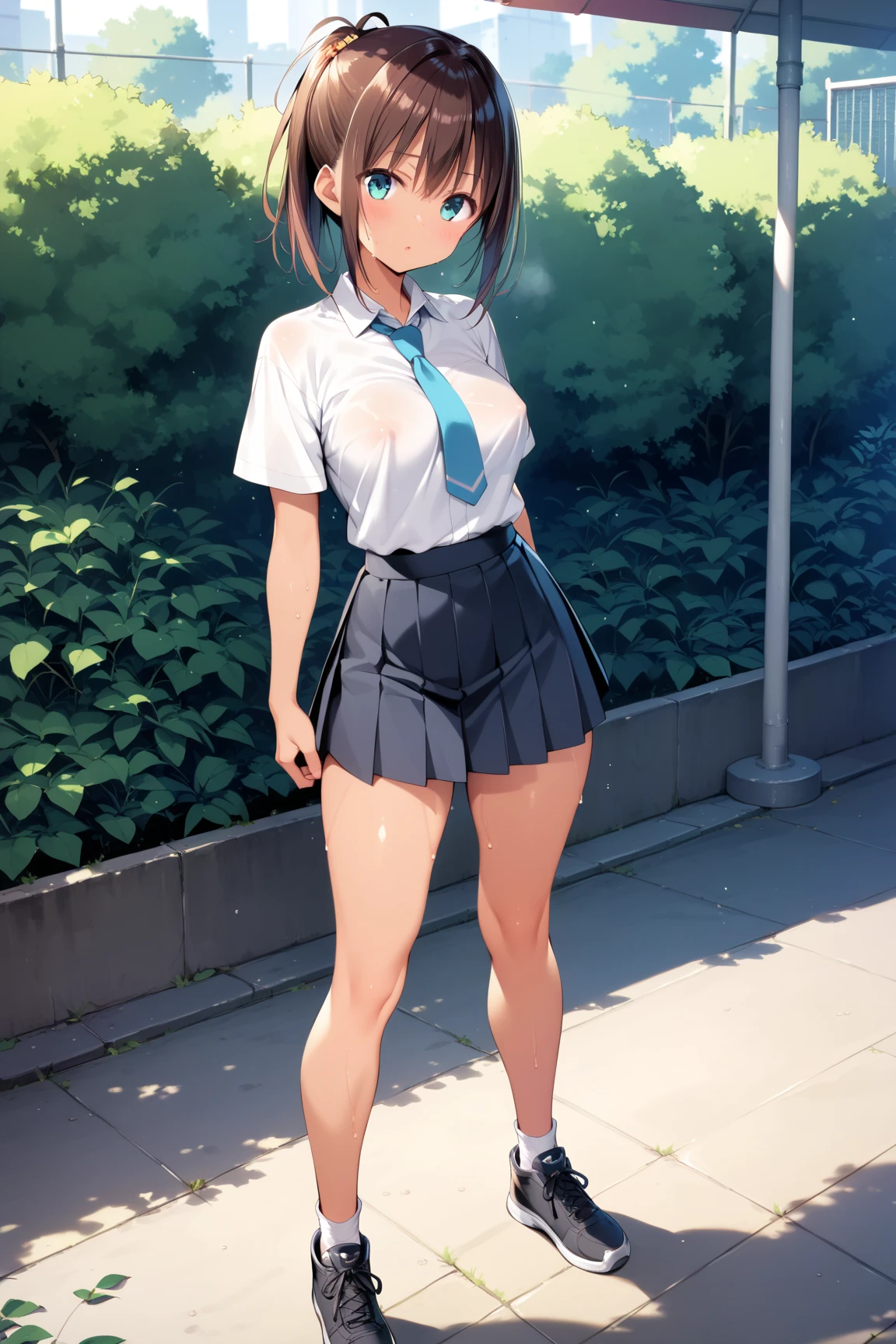 (8K, RAW Photos, 最high quality, masterpiece:1.2), high qualityのRAWカラー写真, Professional photo shoot, Cinematic Light, alone, (((young woman, Gal))), (Sharp features), (Small face), (Skin with attention to detail:1.2), clavicle, Cute face, beautiful appearance, Long eyelashes,Girl Turning Around, smile, (Blonde, short hair), Tank top, Tight high leg panties, Birds chirping, Confident attitude, Capture the happy moment, Artistic painting,Attractive thighs, sneakers:1.2, (Very nice touch:1.2),はにかんだsmile), Peaceful atmosphere, Oil painting style, Bright colors, (Are standing:1.5, lean on a tree, Full body portrait), Smooth texture, Gazing Eyes, beautiful Skin, Shiny skin, ((Perfect Fingers, Five Fingers, Anatomically correct)), Background Blur, high quality, Surreal, ((Very detailed, photo shoot)),thin、Open shirt、showing her 、beautiful Abs、Baseball cap、Sweaty、beautiful 、My whole body is wet with sweat、Selfie、Sparkling Eyes、Showing her boobs、Sunburn、Dark Skin、Run、running、Sweat flowing