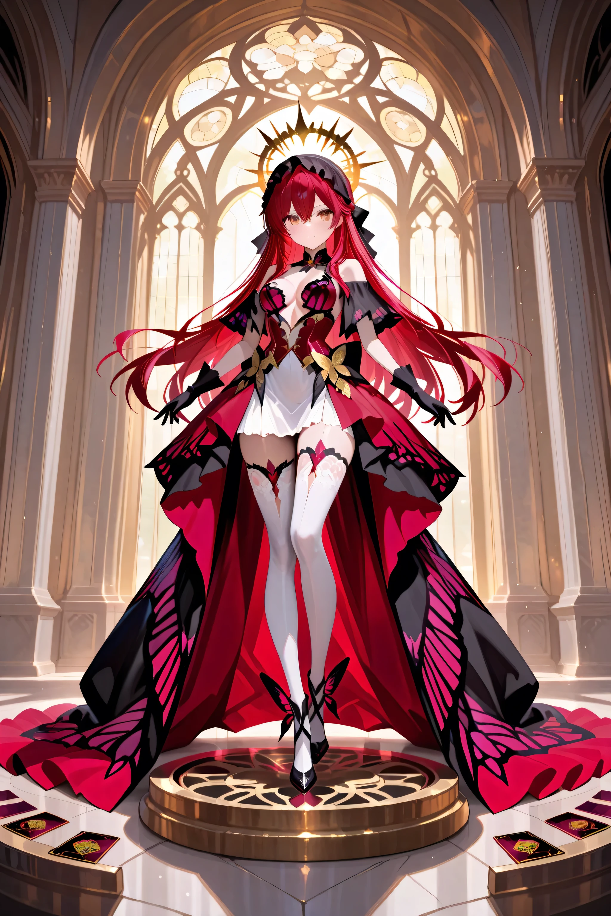 1 girl , golden eyes , very long hair , long sidelocks, red hair ,half updo, petite , very cute , beautiful ,Straight hair, cool, handsome, hair between eyes, sexy, medium breasts, black and red elegant butterfly dress, detailed ornate chains, solemn expression, white thighhighs, black gloves, elaborate horned headdress, tarot cards floating, golden halo wheel behind, dramatic lighting, symmetrical composition, cathedral background, priestess vibe, fantasy, highly detailed, masterpiece, wide angle shot, full body