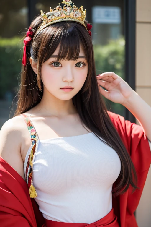 1 girl, dull bangs, Braid, wide sleeve, hair ornaments, kimono, red obi, (purple hair:1.2), very long hair, straight hair, looking at the viewer, highly detailed background, (photo-realistic:1.2), fine eyes, red eyeshadow, Depth of the bounds written,thigh, (Ulzzang-6500:0.7), Upper body, (alone:1.2), (cyberpunk city:1.1), cleavage, (put your finger on your lips:1.1),shiny skin