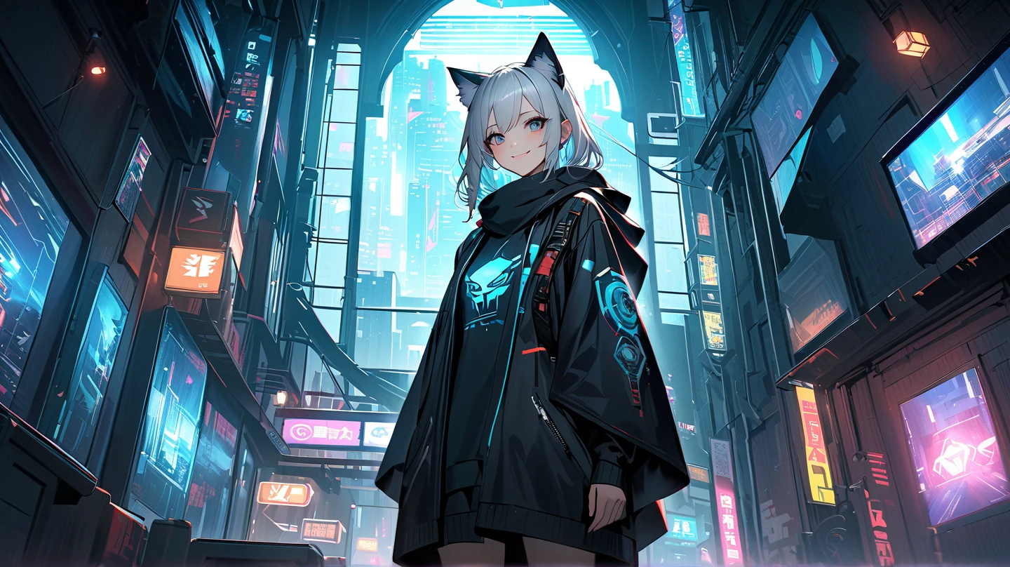 Masterpiece, 4K quality, top quality, high performance, high detailed, smooth, light, ((short cat, female gender, red green eyes, white hair, white skin color, long hair, neon eyes, wear cyber hoodies, wear black short skirt, wear black panties with neon Power symbol, wear black tights stockings)), (smooth art style), look at viewers with softly smiling face, smiling face, one hand beside, one hand in hoodie pocket, (blue color background, cyberpunk, cyber, cyberpunk 2077, core, cyberpunk style, cyberpunk building, holograms on building, sci-fi, futuristic, flying car on sky, neon)