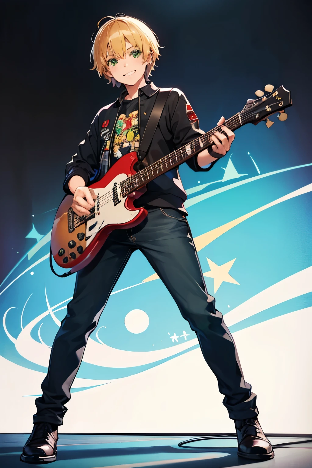 High Quality anatomically accurate boy cute blonde hair green eyes short hair smile play guitar idol One person full body
Black clothes with lots of patches on them