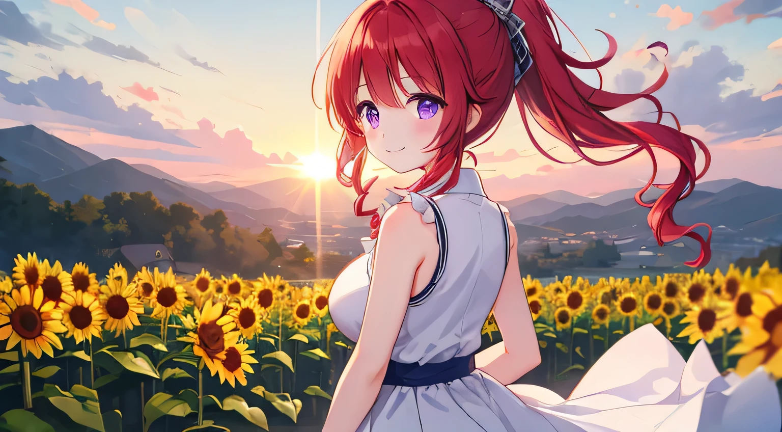 one girl、red hair with drills、ponytail、Purple eyes、big breasts、beautiful、 lori、A girl in a white sleeveless dress walks on a slope in the setting sun。 Stop、Gently look back、「see you」has a smile like saying。 the camera starts from her back side、flowing softly to her face。 wind、Light、sunflower、everything gently wraps around her、moving ending scene。