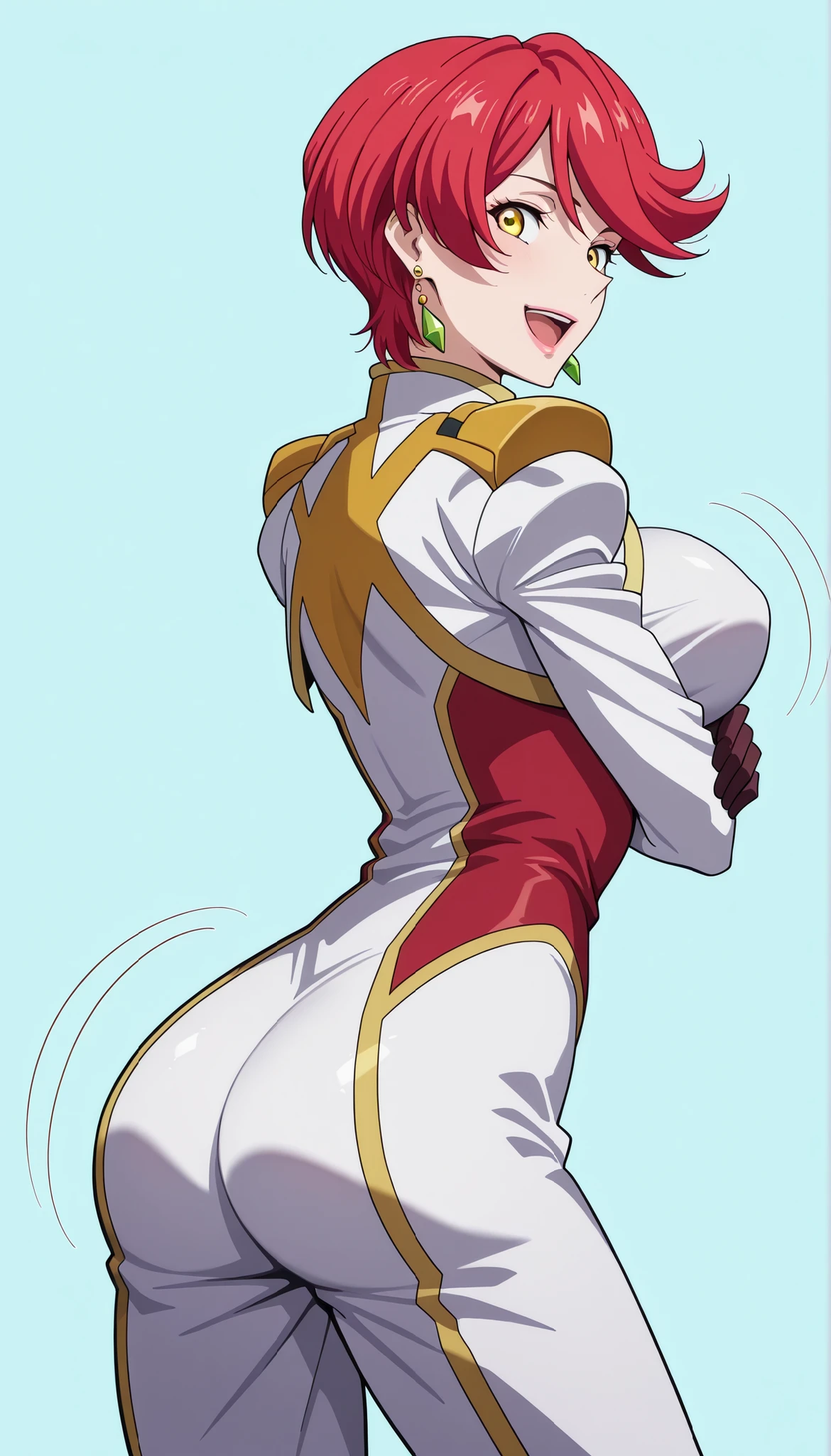 narah_pilotsuit,narah vaughn,1girl,solo,red hair, crossed arms,short hair,breasts ,yellow eyes,gloves,looking at viewer,jewelry,earrings,lipstick,large breasts,mature female,MILF, standing , score_9, score_8_up, score_7_up, score_6_up, score_5_up, score_4_up , narah_pilotsuit,narah vaughn ,,,,,,, open mouth, smile, bouncing ass, dancing, bouncing breasts, ass shake, mememe dance,