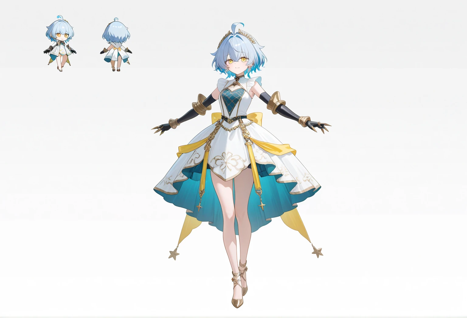 Blue magical girl unique hair medium sized breasts cool one side of head full body dark skin full body concept art with undercut full body anime concept art character sheet