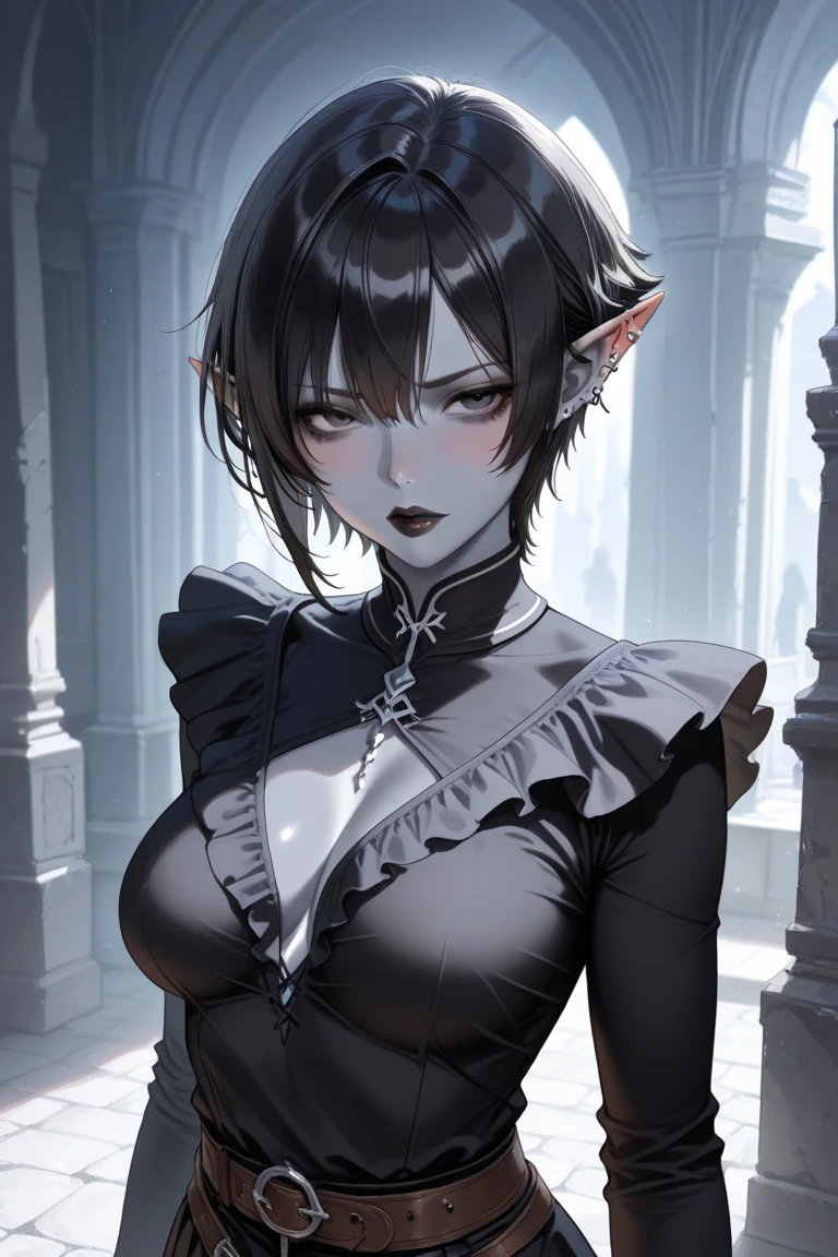 a devilish woman with black hair, pale skin, and red eyes, wearing an elf-like costume, in a dark and mysterious setting, 1girl, detailed face, beautiful detailed eyes, beautiful detailed lips, extremely detailed eyes and face, long eyelashes, dark fantasy, magic, occult, dark atmosphere, dramatic lighting, chiaroscuro, dark shadows, moody, cinematic